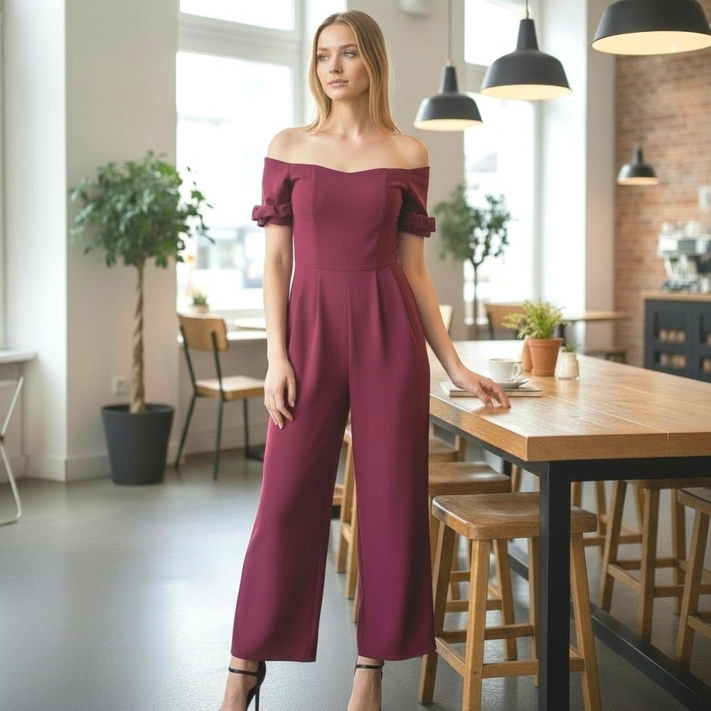 GAL MEETS GLAM COLLECTION Magenta Off Shoulder Wide Leg Jumpsuit Womens O Petite